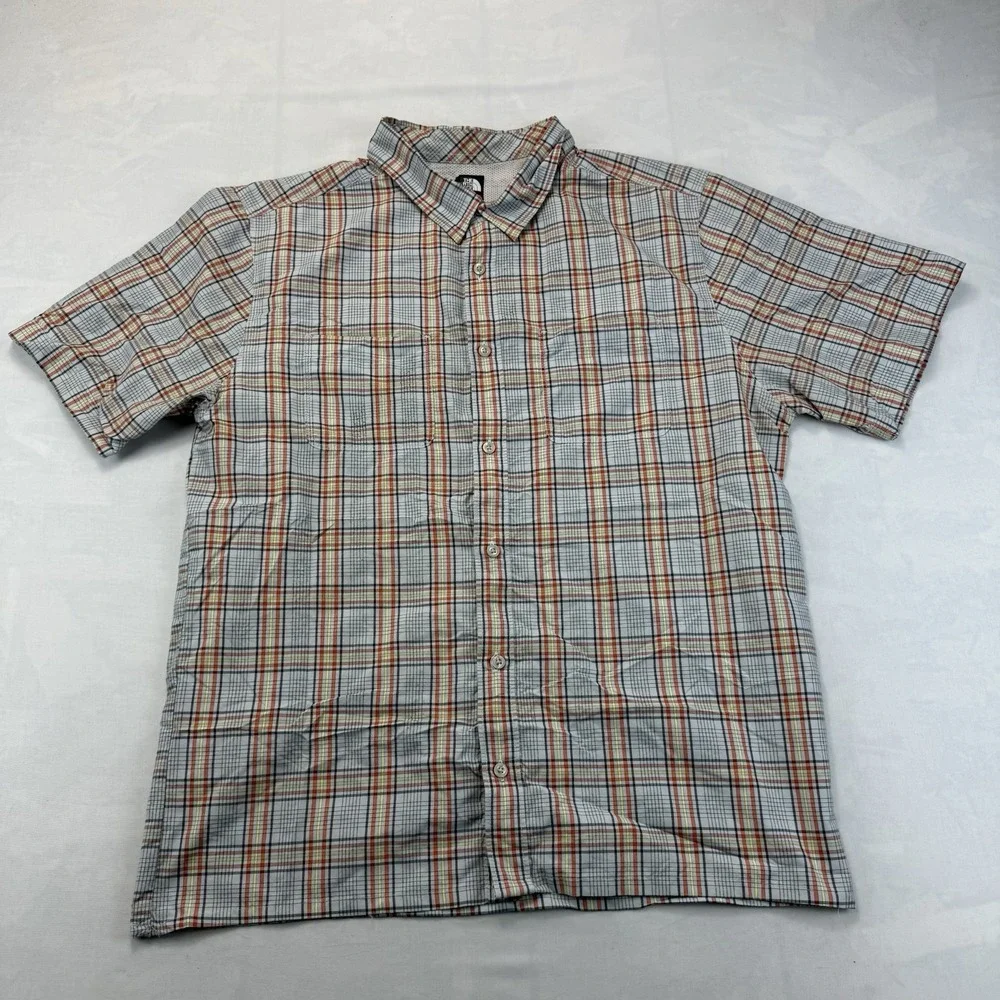 The North Face Hiking Shirt Mens XL Orange Gray Plaid Short Sleeve Button Up